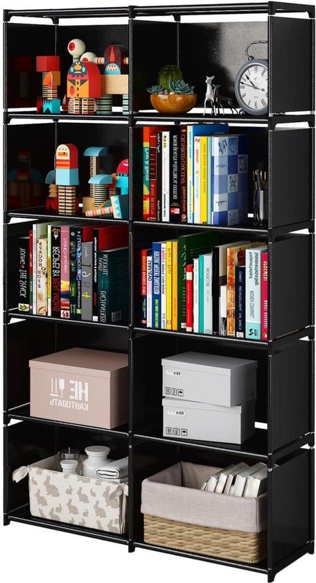 6-laags draagbare boekenplank met stoffen doek aan de achterkant - Opbergorganizer voor boeken en accessoires in zwart - Voor woonkamer, studeerkamer, slaapkamer rotating bookshelf