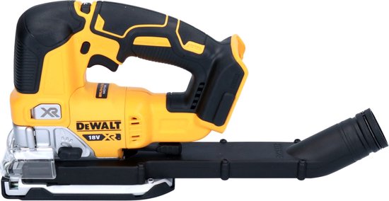 De gele en zwarte DeWalt decoupeerzaag met stofafzuiging op een witte achtergrond.