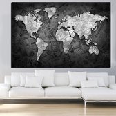Allernieuwste.nl® Canvas Schilderij Grote Wereldkaart Landkaart - Poster - Reproductie - Reizen - 100 x 150 cm - Zwart Wit