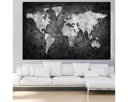 Allernieuwste.nl® Canvas Schilderij Grote Wereldkaart Landkaart - Poster - Reproductie - Reizen - 100 x 150 cm - Zwart Wit