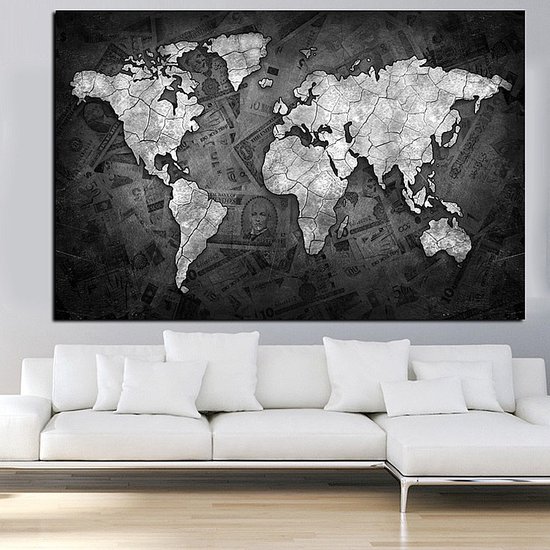 Allernieuwste.nl® Peinture sur toile Grande carte du Wereldkaart Carte du pays - Affiche - Reproduction - Voyages - 100 x 150 cm - Zwart et Wit