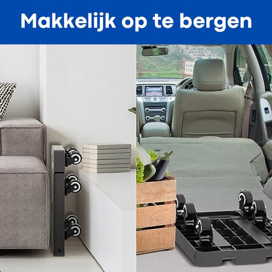 Zwarte Moove steekwagen compact opgevouwen naast een bank en in de kofferbak van een auto.
