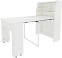 Witte uittrekbare tafel met opbergkast aan de achterkant en wieltjes aan de voorpoten.