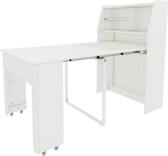 Witte uittrekbare tafel met opbergkast aan de achterkant en wieltjes aan de voorpoten.