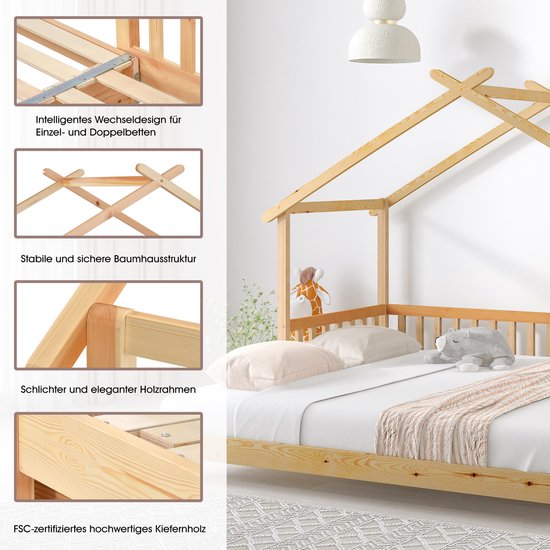 Huisbedframe van natuurlijk massief hout met dakconstructie. Details van de constructie.