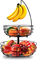 Fruitmand 2 verdiepingen metaaldraad met bananenhouder - eigentijdse fruitschaal en groentemand voor dagelijkse keukenopslag (zwart) Fruit Basket