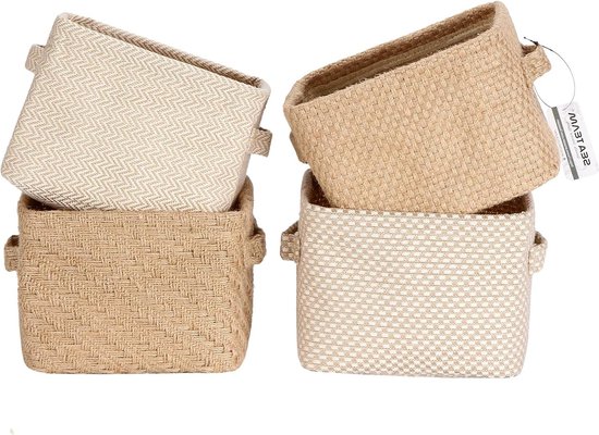 4.5L Mini Size Jute Opbergmand 4 stks Vierkante Doos met Dubbele Handgrepen - Tafel en Kamer Opslag - 20 * 16 * 15 cm/79 * 63 * 59In storage basket