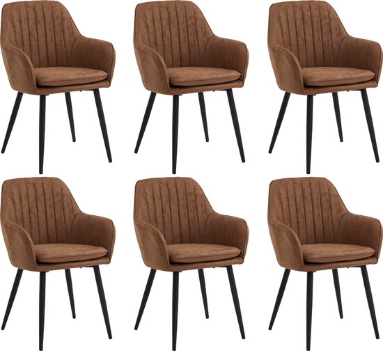 Colenis® - Chaise de salle à manger Lavinia - Lot de 6 - Cognac - Microfibre - Avec accoudoirs