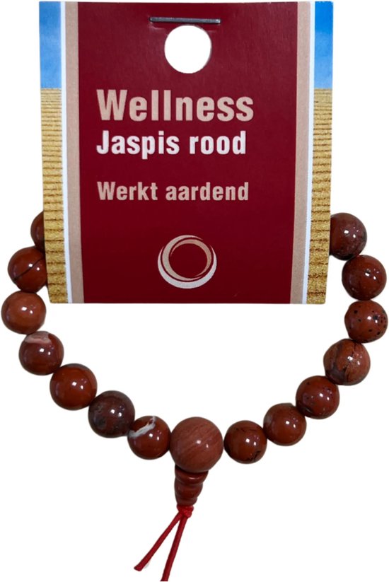 Rode jaspis kralen armband met kaart. De kralen variëren in kleur en textuur.