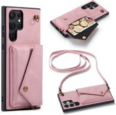 Casemania Hoesje Geschikt voor Samsung Galaxy S22 Ultra Pale Pink - Luxe Back Cover met Koord - Wallet Case - Pasjeshouder
