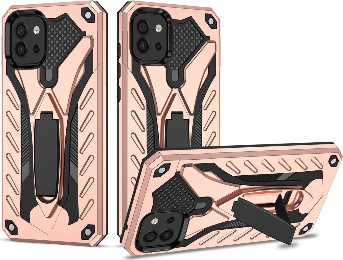 Mobigear Hoesje geschikt voor Samsung Galaxy A03 Telefoonhoesje Hardcase | Mobigear Armor Stand Backcover Shockproof met Standaard | Schokbestendig Galaxy A03 Telefoonhoesje | Anti Shock Proof - Roségoud