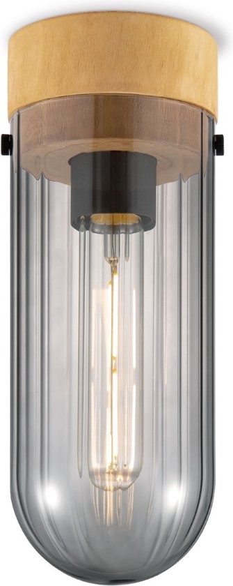 Home Sweet Home - Moderne LED Plafondlamp Capri - Rook - 10/10/26cm - Rond - geschikt voor E27 fitting - Plafondlamp gemaakt van hout en glas