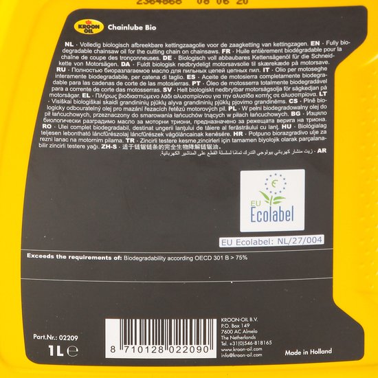 Achterkant van gele fles kettingolie. Toont tekst in meerdere talen, EU Ecolabel logo en productinformatie.
