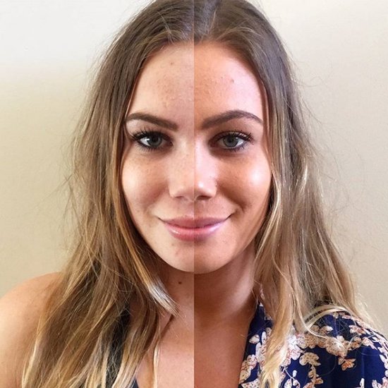 Vrouw met lang blond haar, voor en na zelfbruiner op gezicht.