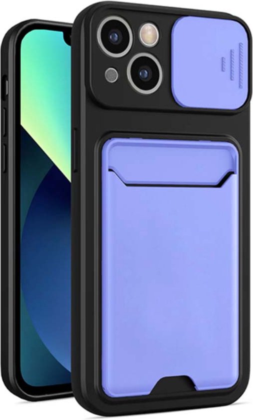 Smartphonica iPhone 13 TPU Cover Case Hoesje met Camera Slide en Pashouder - Paars geschikt voor iPhone 13