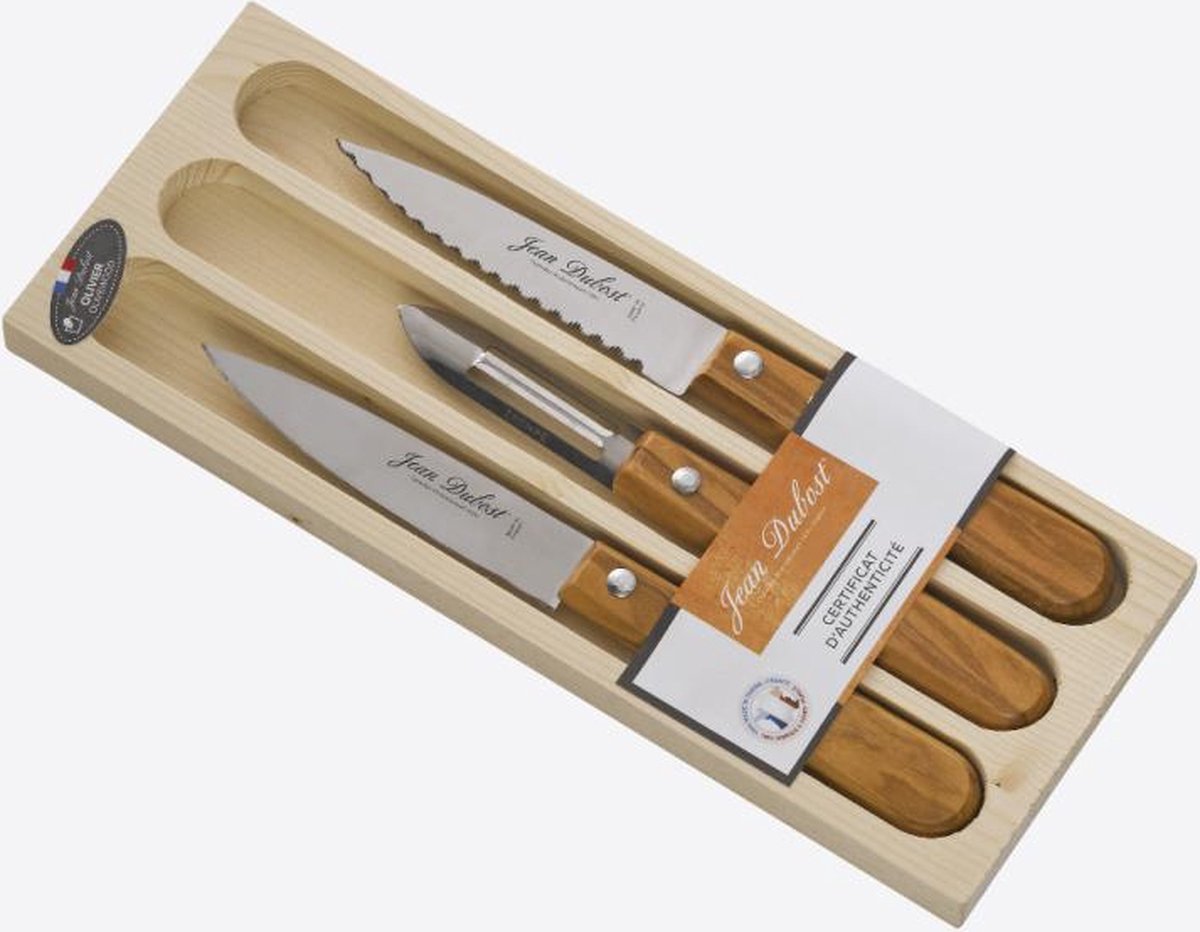 Jean Dubost keukenmes; steakmes en dunschiller met handvat uit olijhout
