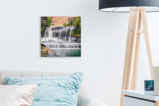 Peinture sur toile - Cascade - Arbre - Plantes - Rocher - Peintures salon - Chambre - Tableaux sur toile nature - Décoration murale - 20x20 cm