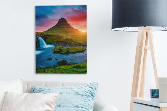 Peinture sur toile - Cascade - Islande - Coucher de soleil - Berg - Tableaux sur toile salon - Chambre à coucher - Toile - 30x40 cm - Décoration murale