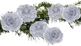 Kerstversiering bloemen/rozen - 9 cm - zilver - 6x stuks
