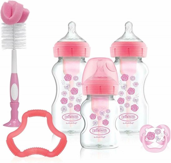 Babyflesje - Dr. Brown’s Options+ Anti-colic Bottle Giftset Brede halsfles roze