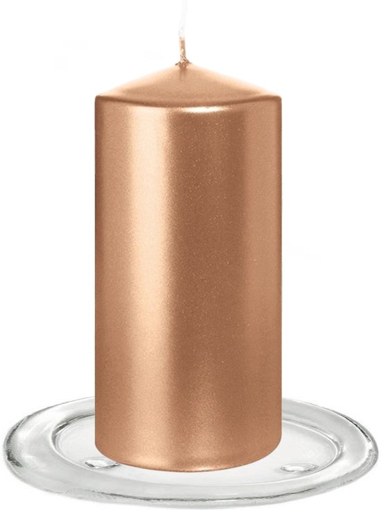 Trend Candles - Stompkaarsen met glazen onderzetters set van 2x stuks rose goud 6 x 12 cm