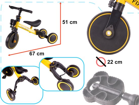 Fix Mini tricycle tricycle 3 en 1 avec pédales - jusqu'à 30 kg - de 1,5 à 4 ans - jaune noir - vélo d'équilibre - bon pour le développement - cadre en aluminium