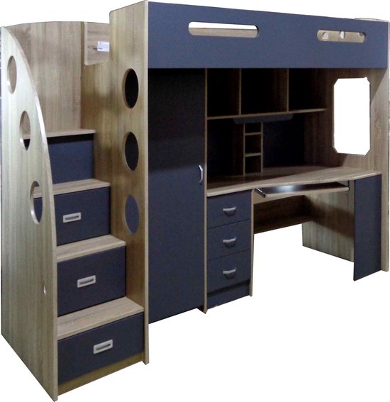 Lit Mezzanine Bureau Intégré 140x200 – Métal Et Bois – Dressing Et étagères – Noir – Enfant/ado - 11