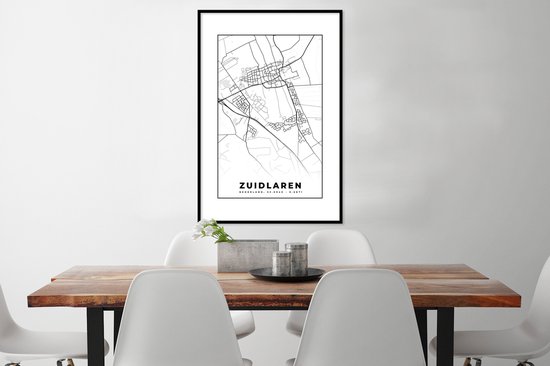 Affiche avec cadre Carte - Zuidlaren - Zwart - Wit - 60x90 cm