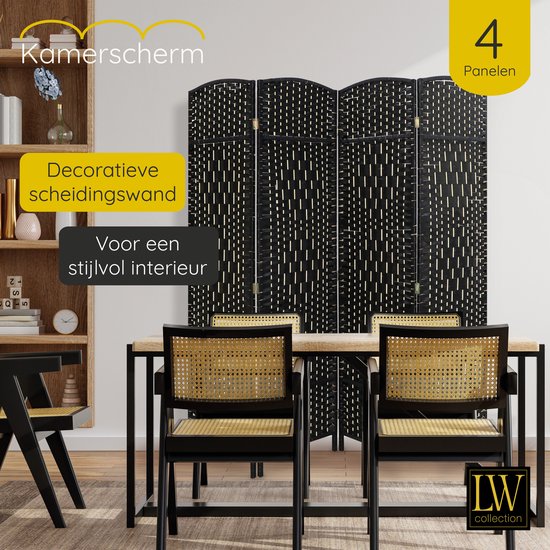 LW Collection Kamerscherm zwart - kamerschermen rotan 4 panelen - scheidingswand zwart 170x160cm - Zwarte kamerscherm kant en klaar - LW collection