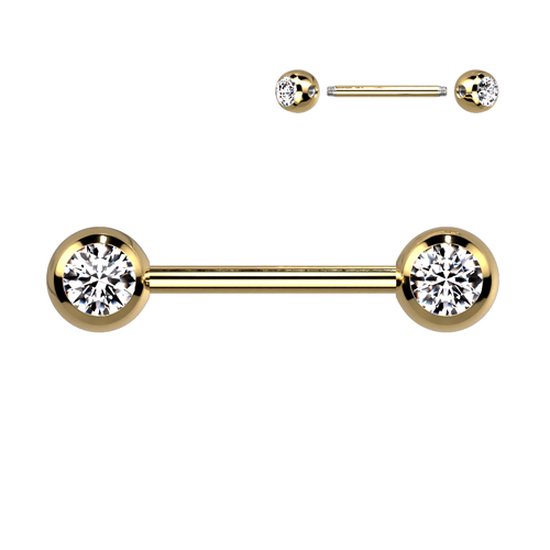 Piercing titanium gold plated dubbele steen wit 12mm