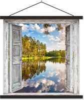 Posterhanger incl. Poster 90x90 cm - Schoolplaat - Water - Landschap - Raam - Doorkijk - Textielposter - Zwarte latten