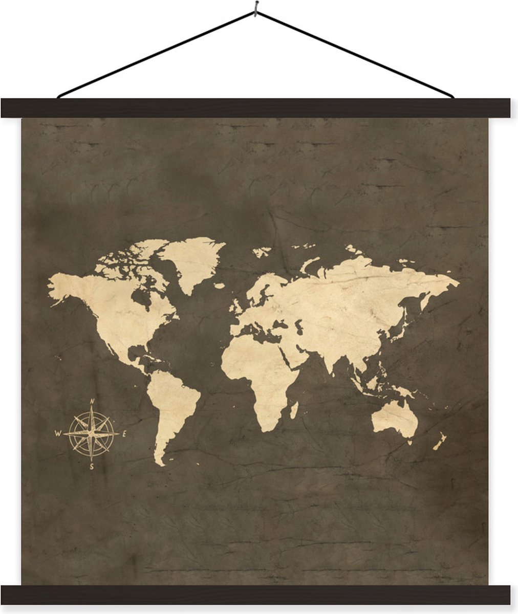 Posterhanger incl. Poster 40x40 cm - Schoolplaat - wereldkaart - Vintage - Windroos - Textielposter - Zwarte latten