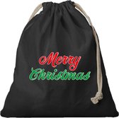 1x Kerst Merry Christmas cadeauzakje zwart met sluitkoord - katoenen / jute zak - Kerst cadeauverpakking zakjes