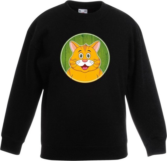 Kinder sweater zwart met vrolijke oranje kat print - oranje katten trui - kinderkleding / kleding 98/104