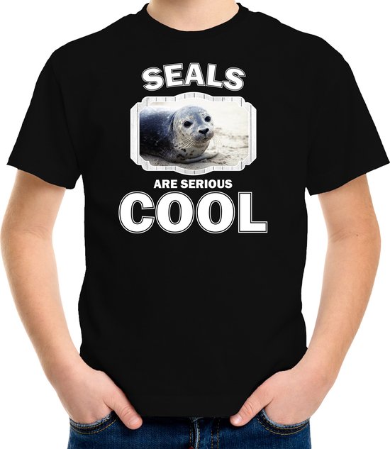 Dieren grijze zeehond t-shirt zwart kinderen - seals are serious cool shirt - cadeau shirt grijze zeehond/ zeehonden liefhebber - kinderkleding / kleding 146/152