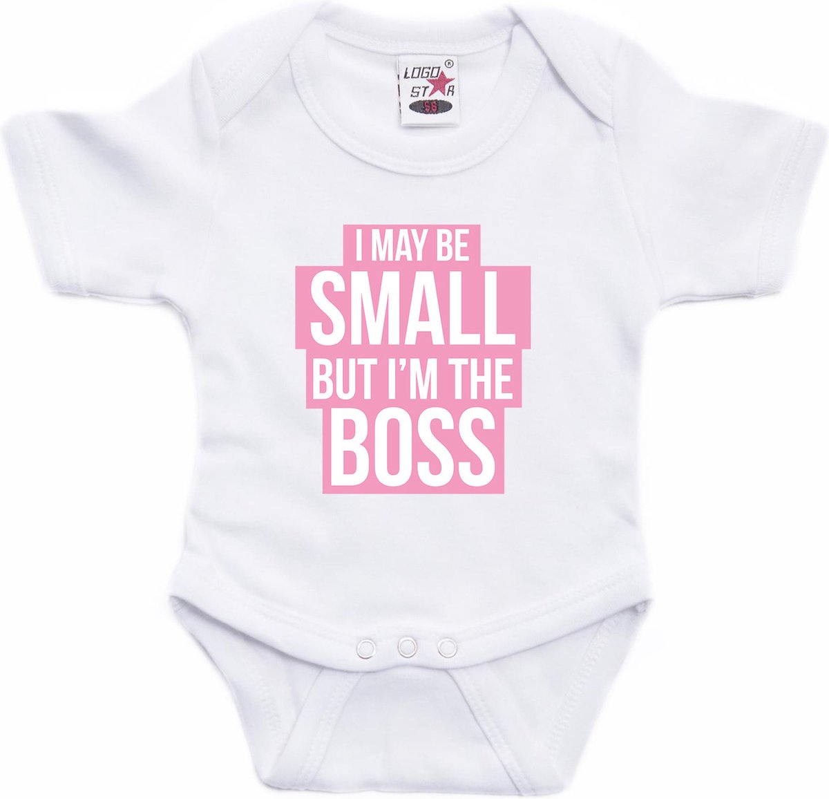 Small but the boss tekst baby rompertje roze/wit meisjes - Kraamcadeau - Babykleding 56