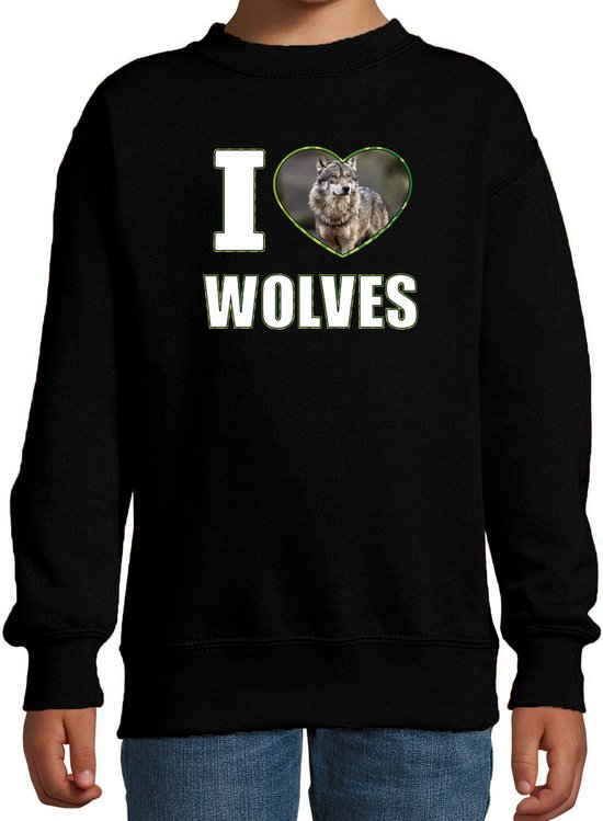 I love wolves sweater met dieren foto van een wolf zwart voor kinderen - cadeau trui wolven liefhebber - kinderkleding / kleding 152/164
