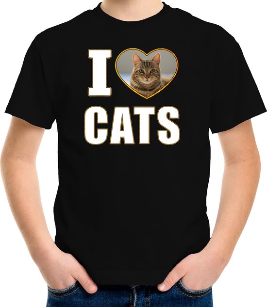 I love cats t-shirt met dieren foto van een bruine kat zwart voor kinderen - cadeau shirt katten liefhebber - kinderkleding / kleding 146/152