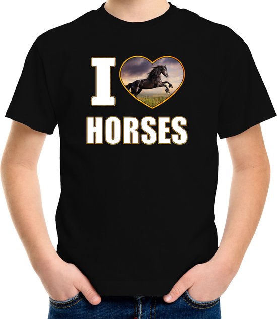 I love horses t-shirt met dieren foto van een zwart paard zwart voor kinderen - cadeau shirt paarden liefhebber - kinderkleding / kleding 122/128