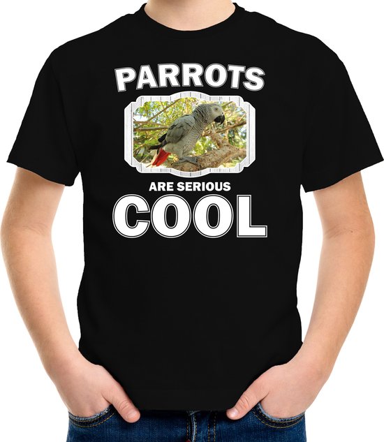 T-shirt Animaux perroquets enfants noirs - les perroquets sont sérieux chemise cool garçons / filles - chemise cadeau gris rougequeue amant perroquet / perroquets S (122-128)