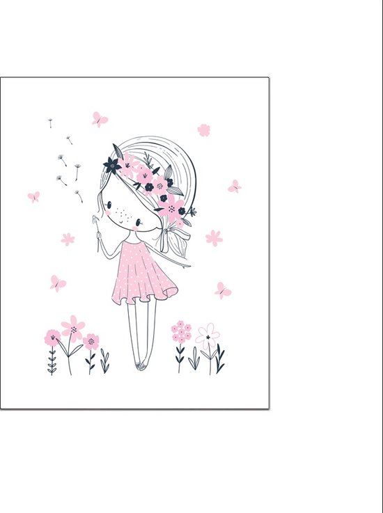PosterDump - Lief meisje met paardenbloem roze - baby / kinderkamer poster - 70x50cm