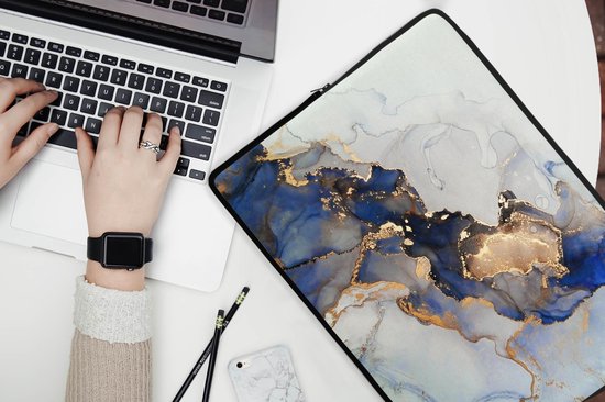 Housse pour ordinateur portable - Housse pour ordinateur portable - Blauw - Or - Imprimé marbré - Ordinateur portable - Natuursteen - Abstrait - 17 pouces