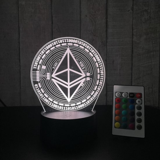 Klarigo® Nachtlamp – 3D LED Lamp Illusie – Ethereum - ETH - 16 Kleuren – Bureaulamp – Cryptocurrency – Crypto - Sfeerlamp – Nachtlampje Kinderen – Creative - Afstandsbediening