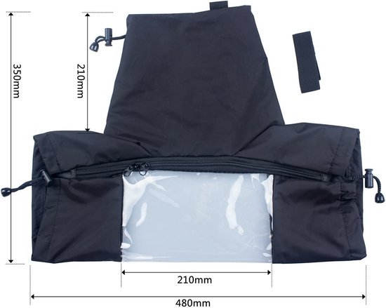 Zwarte camerahoes met afmetingen 480x350mm, met transparant venster.