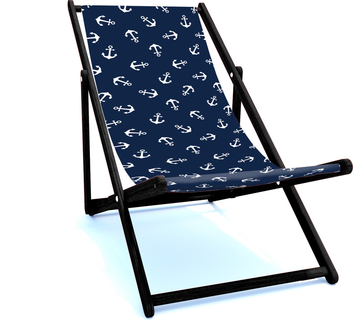 Holtaz Strandstoel Hout Inklapbaar Comfortabele Zonnebed Ligbed met verstelbare Lighoogte zwart houten frame met stoffen Marine