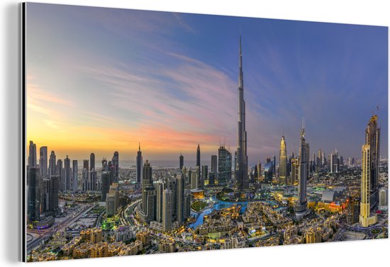 Wanddecoratie Metaal - Aluminium Schilderij Industrieel - Mooie panorama van Dubai met de Burj Khalifa - 80x40 cm - Dibond - Foto op aluminium - Industriële muurdecoratie - Voor de woonkamer/slaapkamer