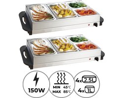 GoodVibes - Set van 2 Elektrische Buffetverwarmers met Verwarmingsplaat Functie - Temperatuurregelaar - Warmhoudapparaat - Voedselverwarmer - Warmhoudplaat - 2 stuks van 2 x 2,5 Liter + 2 x 1 Liter- Roestvrij Staal / RVS