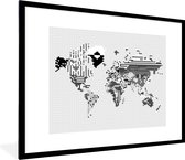 Fotolijst incl. Poster Zwart Wit- Wereldkaart - Pixel - Zwart Wit - 80x60 cm - Posterlijst