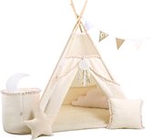 Tente TIPI Beige Boho avec pompons + 4 oreillers + tapis de jeu + ligne de drapeau + panier à jouets + housse + attrape-rêves