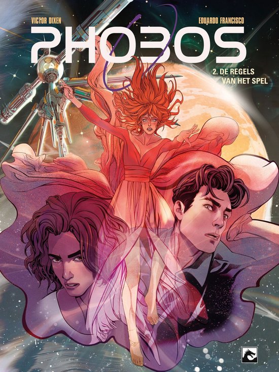 De cover van Phobos 2: De Regels van het Spel. Een jonge vrouw met vlammend rood haar en een rode jurk zweeft midden op de cover. Om haar heen liggen drie portretten van jonge mannen. Op de achtergrond is een planeet en een ruimteschip te zien.